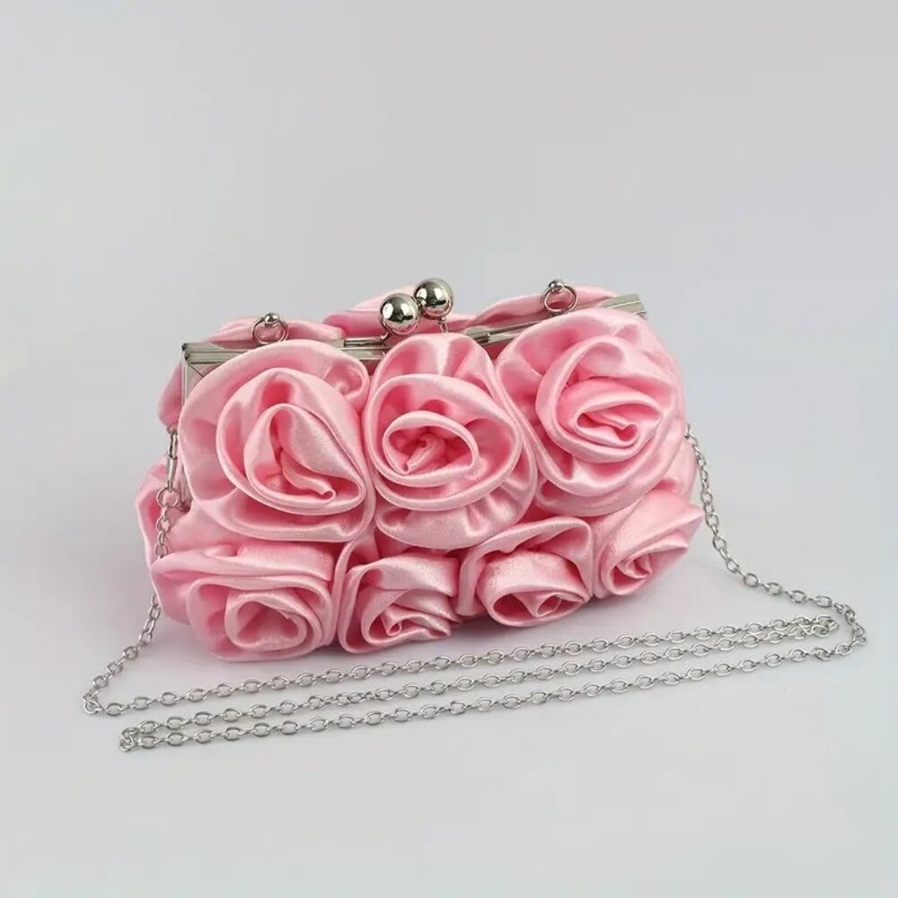 Elegant Pink Satin Roses Party Purse Handbag w/Rhinestone Handle & Chain - Picture 3 of 11